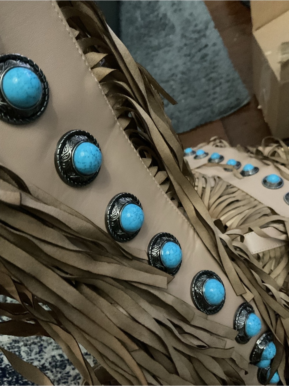 NWOB Azalea Wang Fringed Gladiator Sandals with Turquoise Studs - Brown